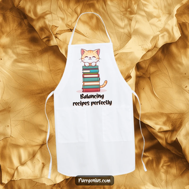 Funny Bookworm Cat Apron: a cat balancing books on its head while baking, a humorous and practical kitchen accessory, a great funny gift.