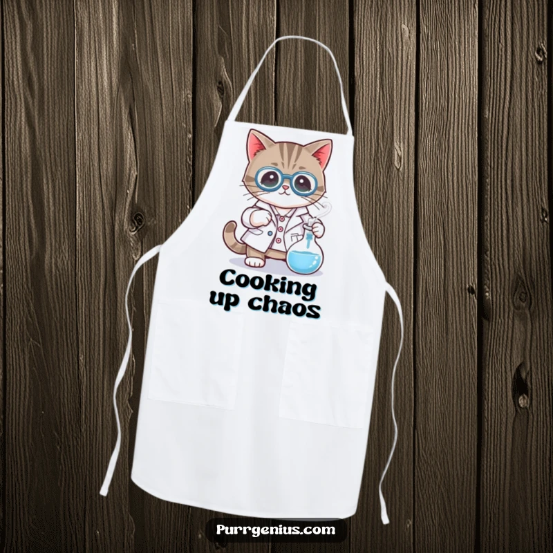 Funny apron with a cat character in a lab coat, stirring a bubbling beaker, perfect for kitchen experiments.