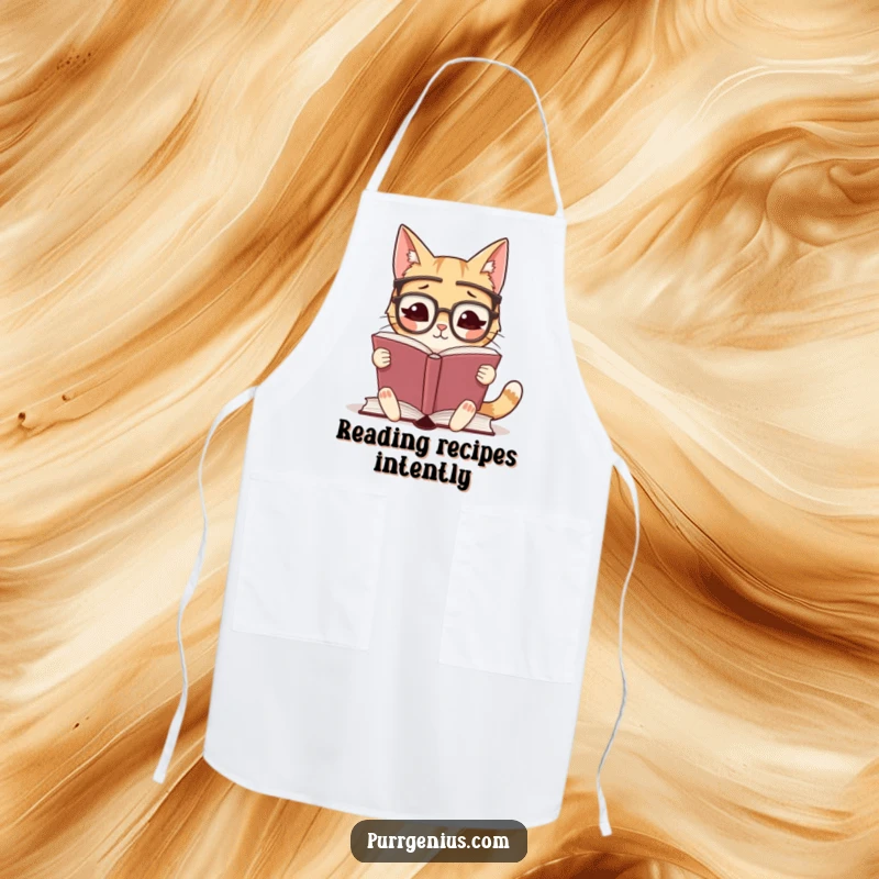 Funny apron featuring a studious cat wearing glasses, engrossed in reading a book, making it ideal for kitchen use.