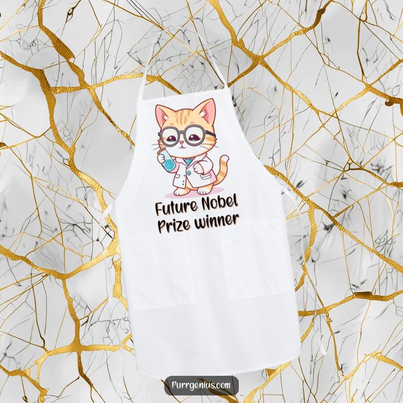 Funny cat scientist apron featuring a cat in a lab coat with a test tube, ideal for kitchen experiments and culinary fun.