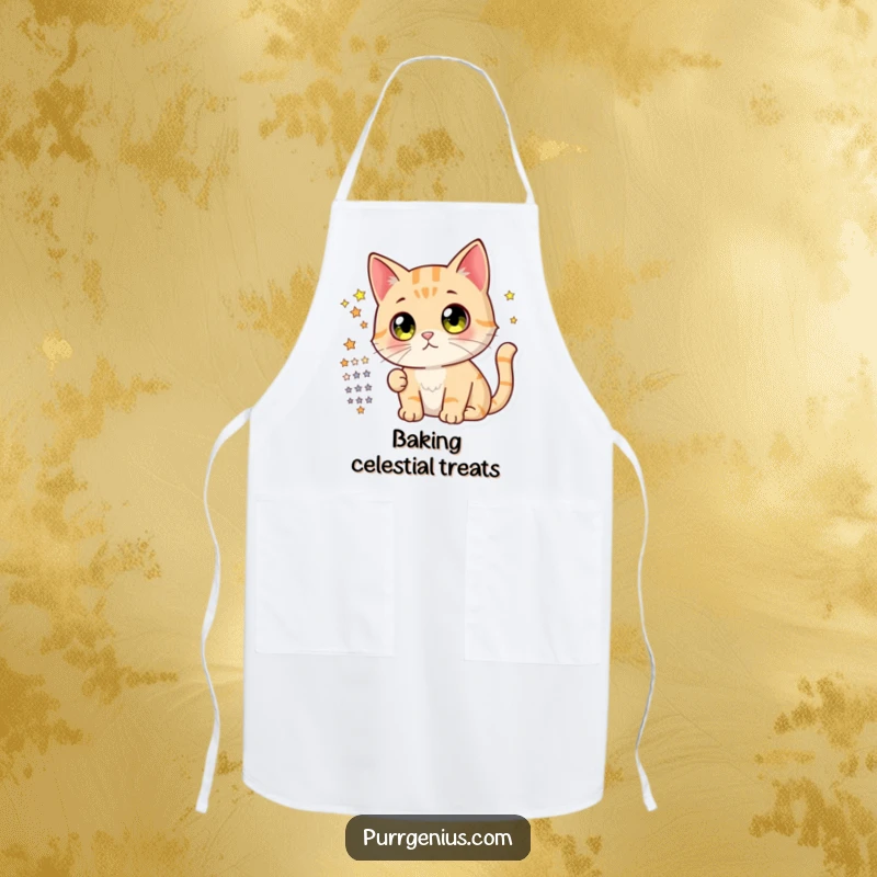 Funny apron featuring a cute cat with wide, curious eyes looking at a star chart, perfect for a culinary stargazing enthusiast.