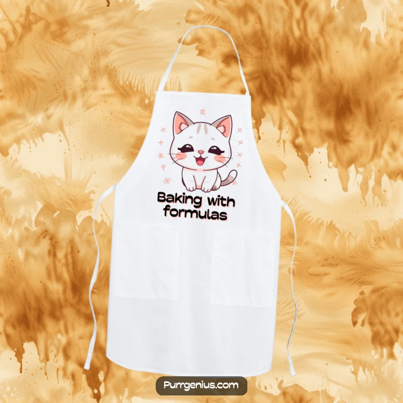 Funny kawaii math cat apron for cooking, delighted expression amongst floating equations, bringing academic humor to the kitchen.