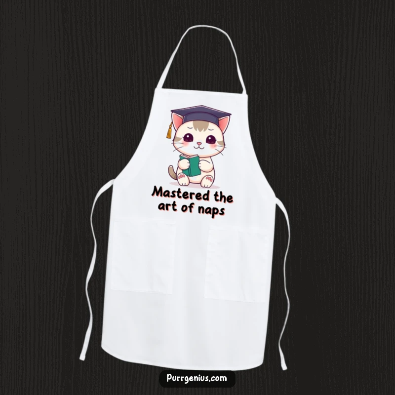 Funny kawaii cat in a graduation cap holding a book, featured on a cooking apron, inspiring smart meals.