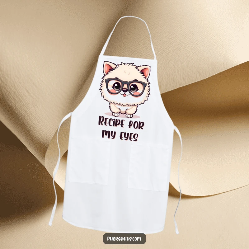 Funny apron featuring a fluffy animal wearing large spectacles, perfect for chefs who cook with intelligence and a humorous approach.