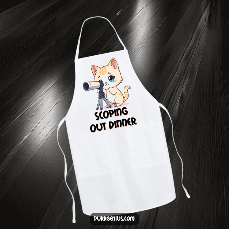 Funny apron with a curious cat character using a telescope to explore the night sky, perfect for kitchen adventures.