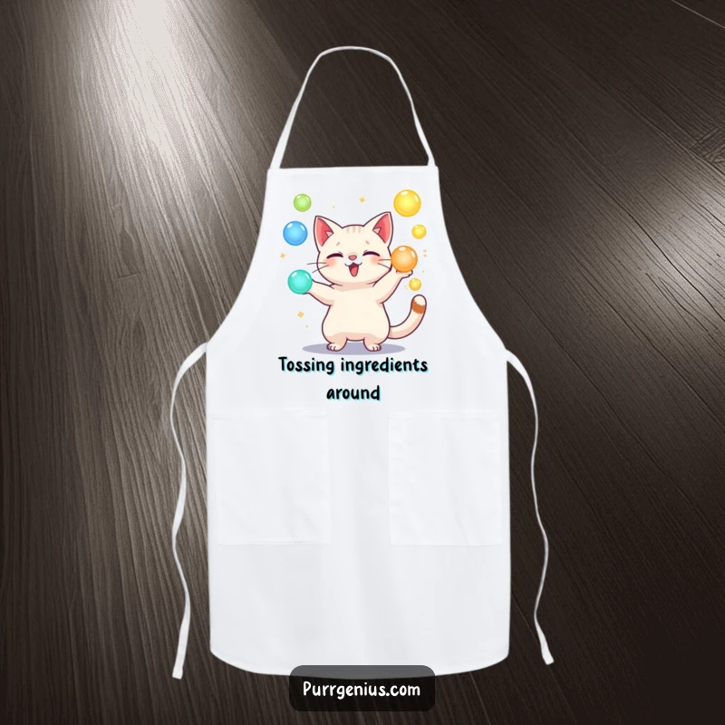 Funny apron with a playful cat character juggling glowing orbs, perfect for kitchen activities with a magical flair.