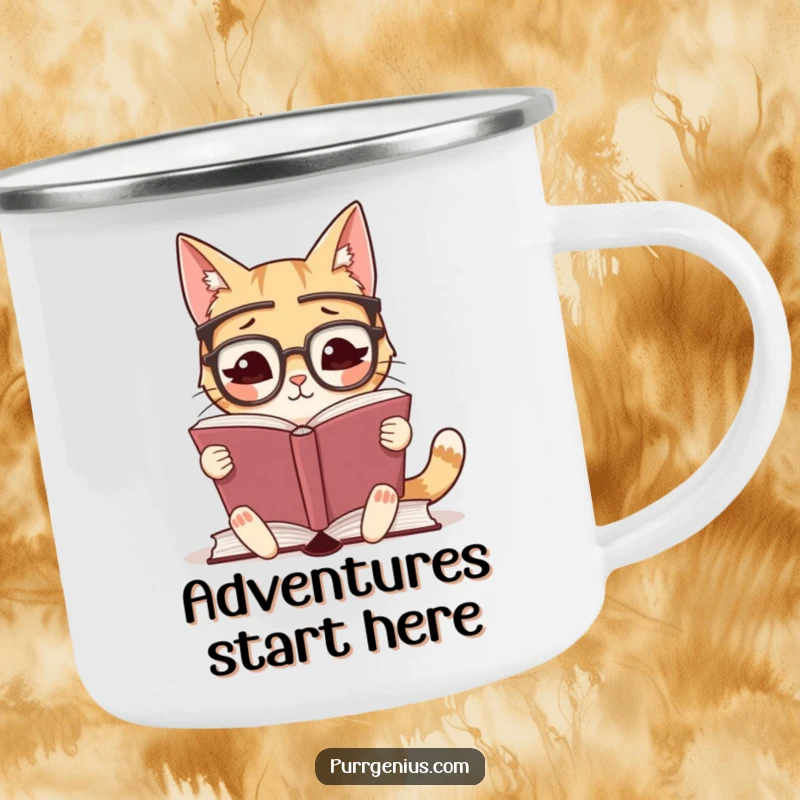 Funny camping mug with a cute, studious cat wearing glasses, holding a book, perfect for outdoor reading enthusiasts.