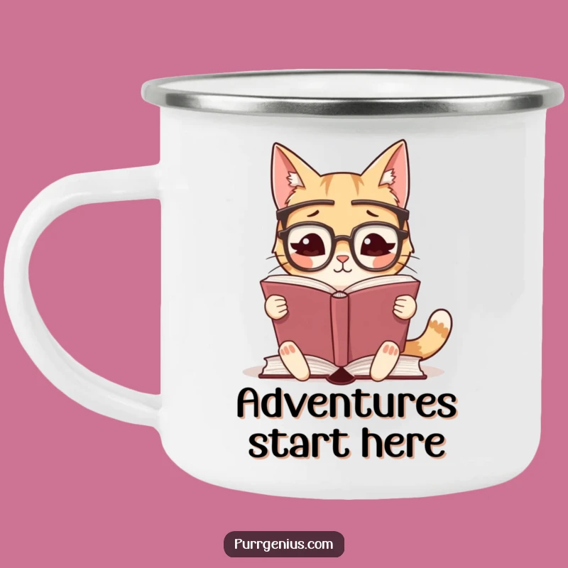 Funny Campfire Cat Mug: Rugged Bookworm Feline Mug for Outdoor Reads