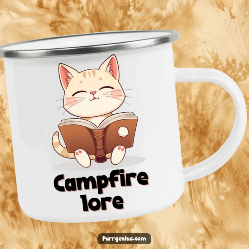 Funny enlightened cat holding an ancient book, ready for camping. This mug is durable and humorous.
