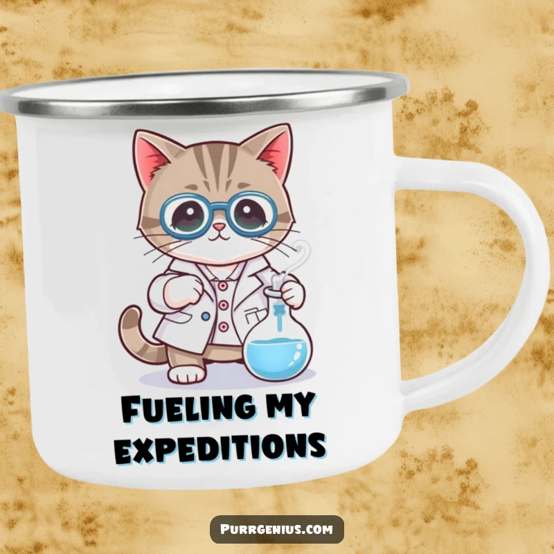 Funny camping mug with a cat character in a lab coat, stirring a bubbling beaker, perfect for outdoor scientists.