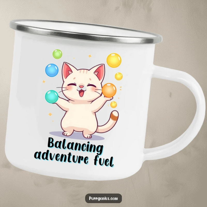 Funny camping mug with a playful cat character juggling glowing orbs, perfect for outdoor magic and fun.