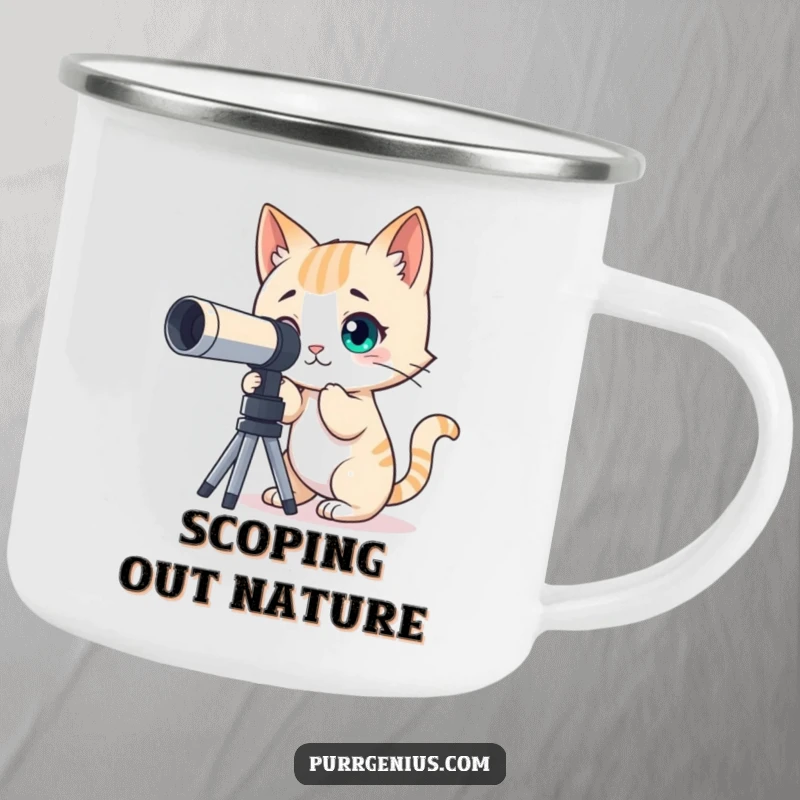 Funny camping mug with a curious cat character peering through a telescope at the stars, perfect for outdoor adventures.