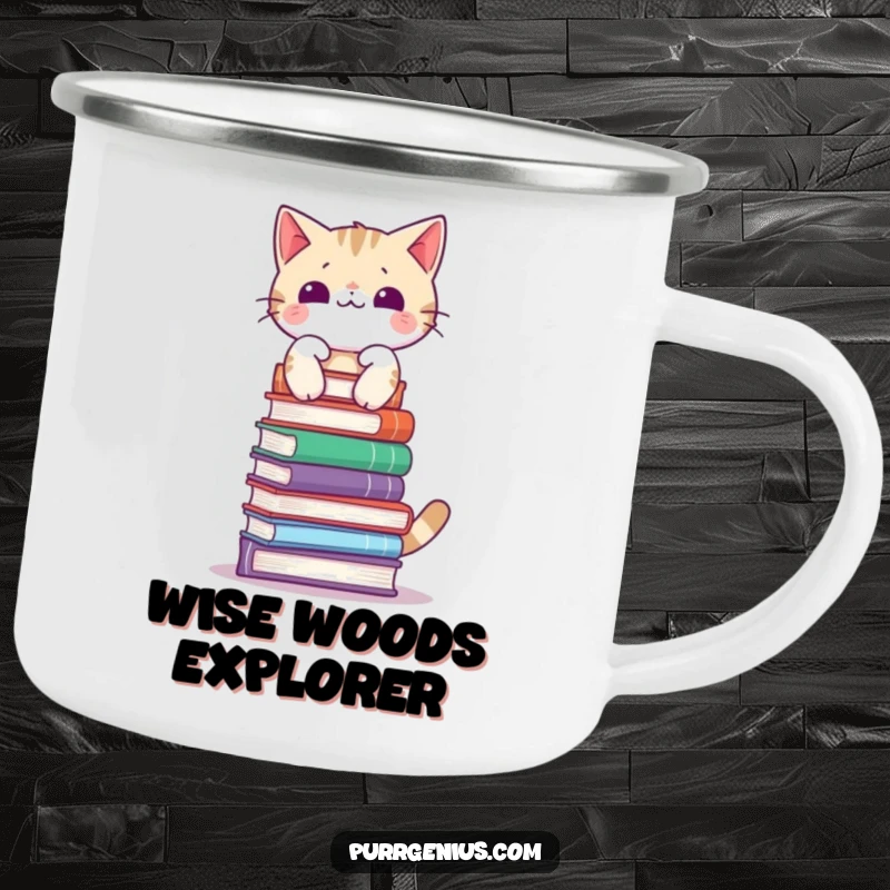 Funny camping mug showing a cat balancing a stack of books on its head, perfect for outdoor reading sessions.