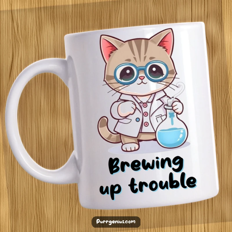 Funny mug with a cat character in a lab coat carefully stirring a bubbling beaker, embodying a mad scientist.