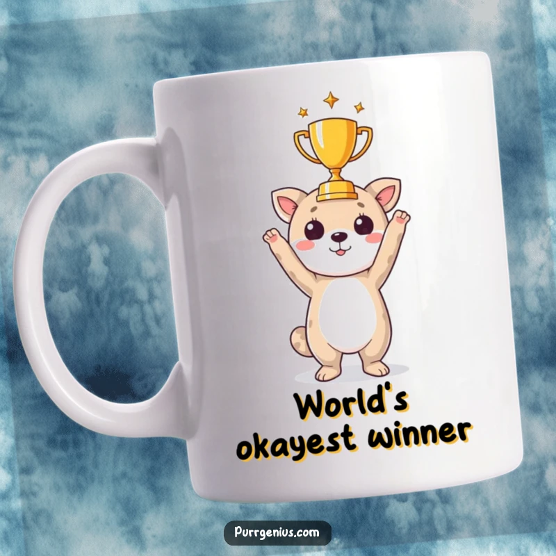 Funny mug showing a cheerful animal character holding a miniature golden trophy high, celebrating a win.