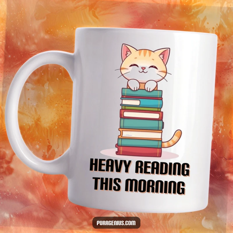 Funny Bookworm Cat Mug: a cat perfectly balancing a tall stack of books on its head, embodying wisdom and humor, a perfect funny gift.