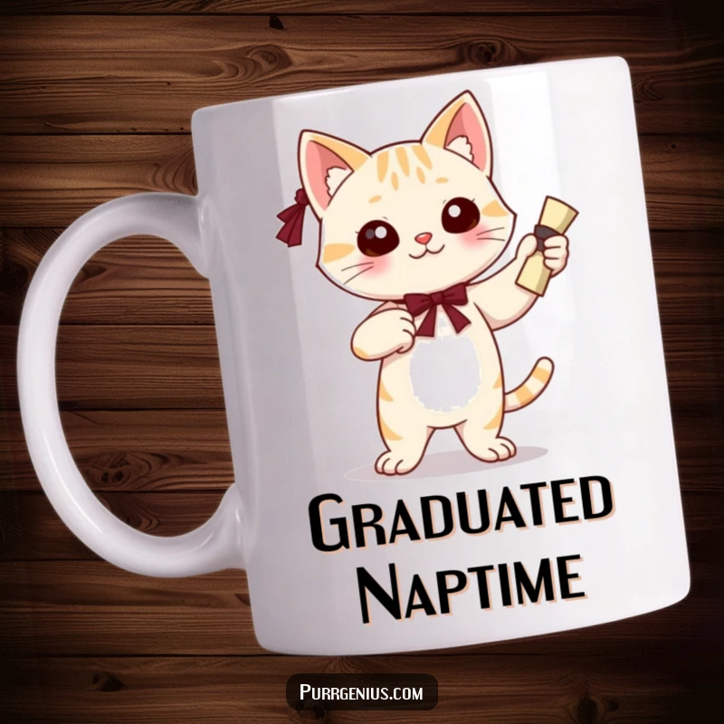 Funny mug showcasing a cute cat character in a confident pose, proudly holding a diploma, celebrating graduation.