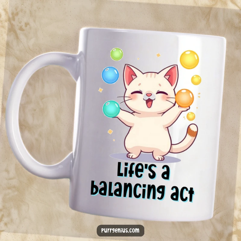 Funny mug with a playful cat character expertly juggling multiple glowing orbs, demonstrating skill and fun.
