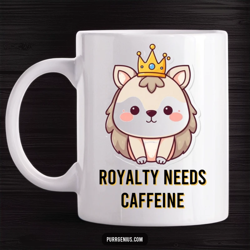 Funny mug featuring a cute animal character wearing a small, whimsical crown, exuding playful royalty.