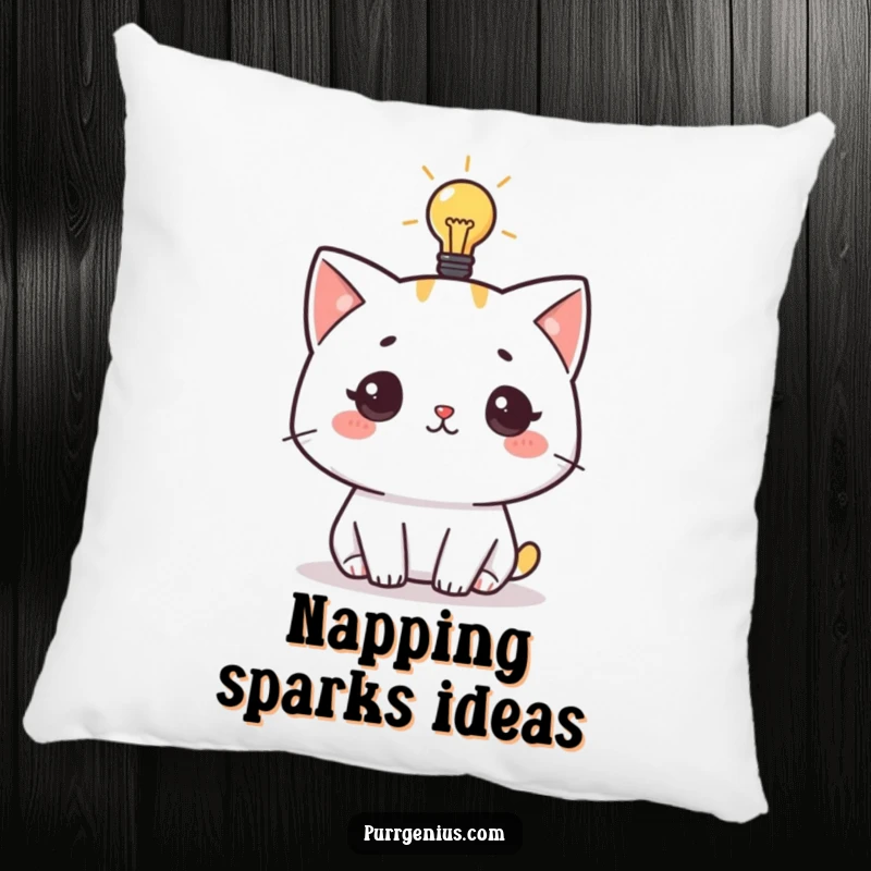 Funny pillow featuring a cute cat character with a lit lightbulb overhead, perfect for adding a touch of thoughtful whimsy to a room.