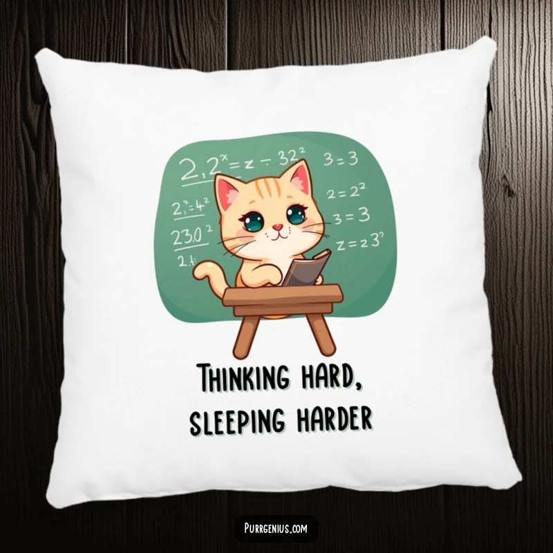 Funny pillow showing a cat studying a complex equation, offering comfort and a symbol of intellectual curiosity.