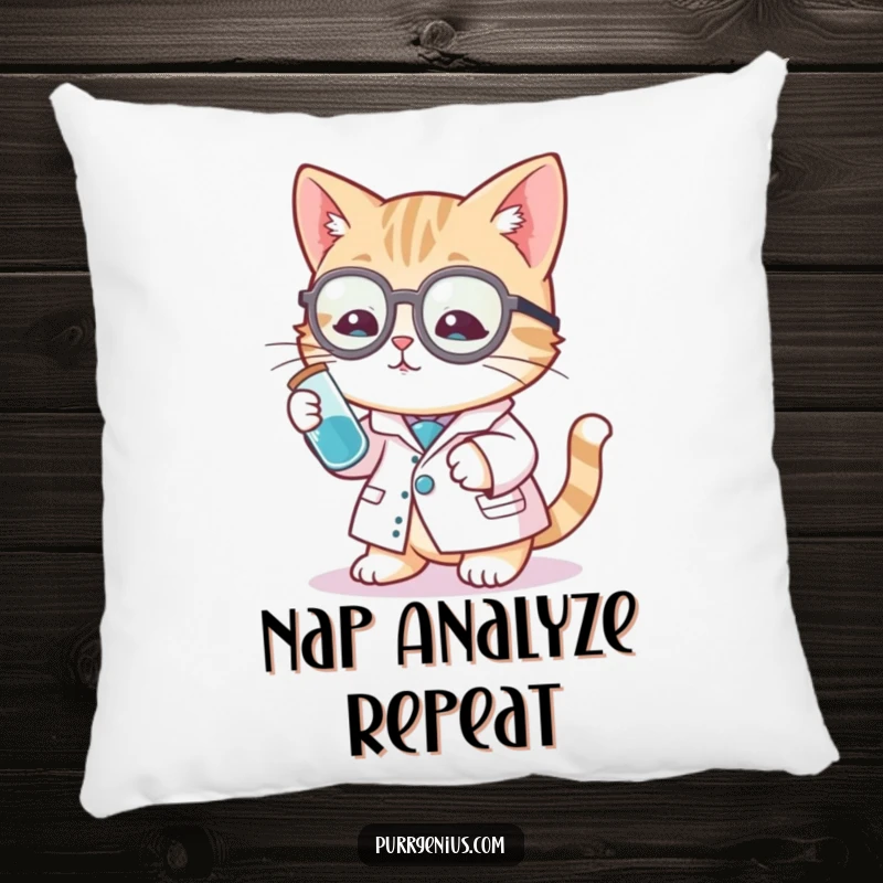 Funny cat scientist pillow showcasing a fluffy cat in a lab coat peering into a test tube, perfect for adding humor to any sofa.