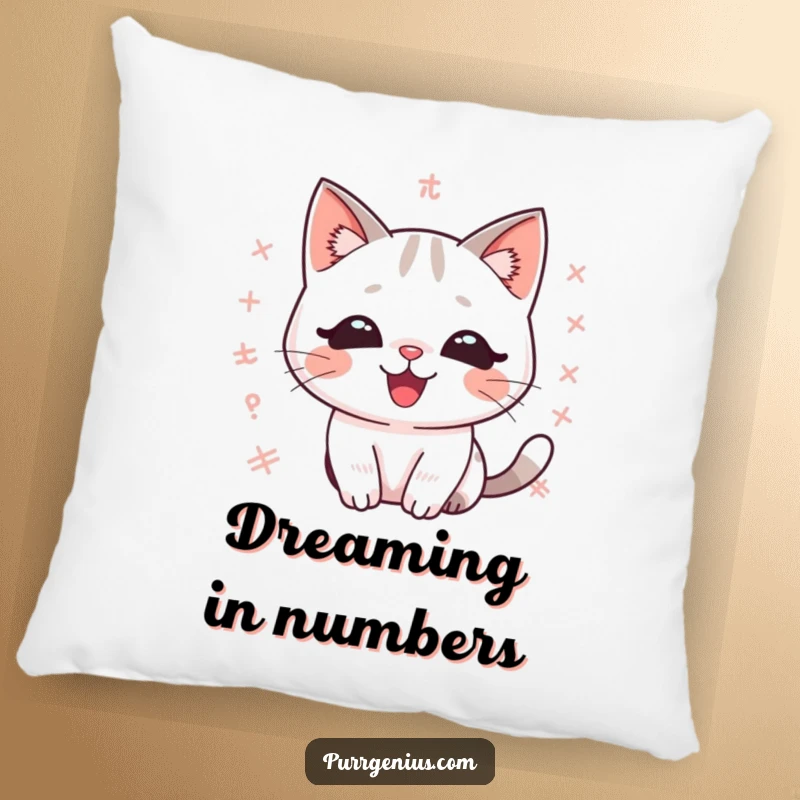 Funny kawaii math cat pillow, delighted expression, equations floating around, bringing cozy, intelligent humor to any space.