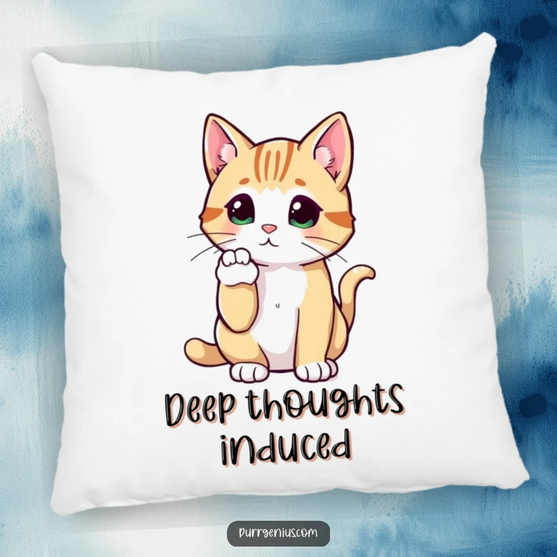 Funny Cat Pillow with a soft texture, showcasing a cat in a thoughtful pose with a raised paw, perfect for funny relaxation.