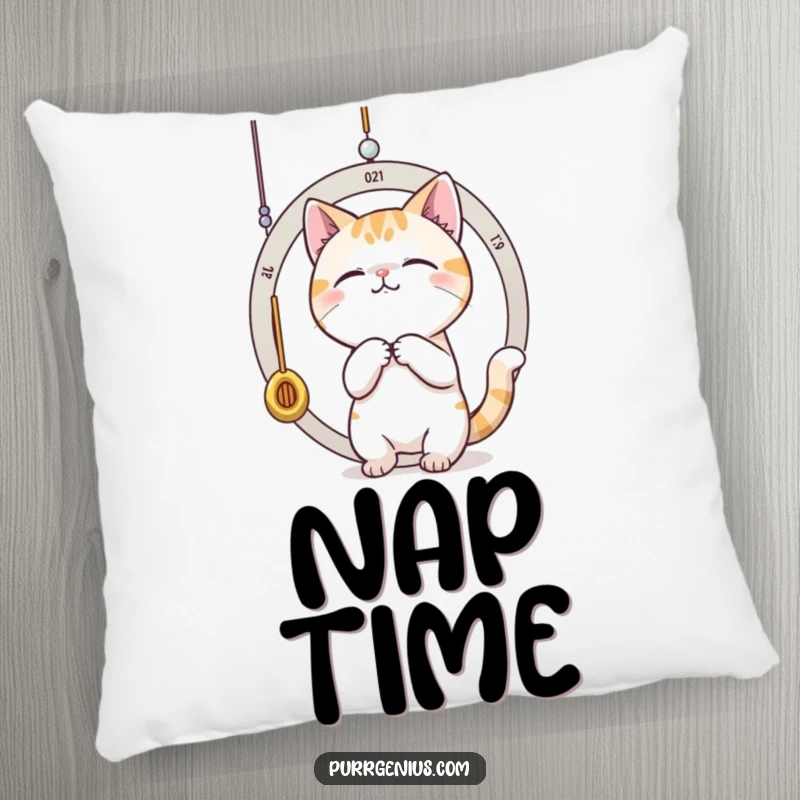 Funny cat batting at a dangling pendulum, representing time. This pillow brings playful comfort and humor.