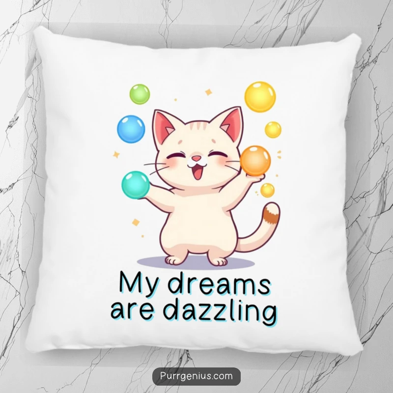 Funny pillow featuring a playful cat character juggling glowing orbs, ideal for comfort and adding a magical touch.