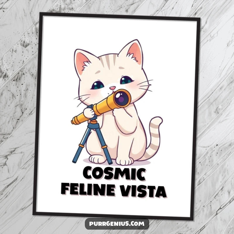 Funny cat holding a tiny telescope, gazing at stars, high-resolution digital art print, perfect for instant whimsical home decoration.