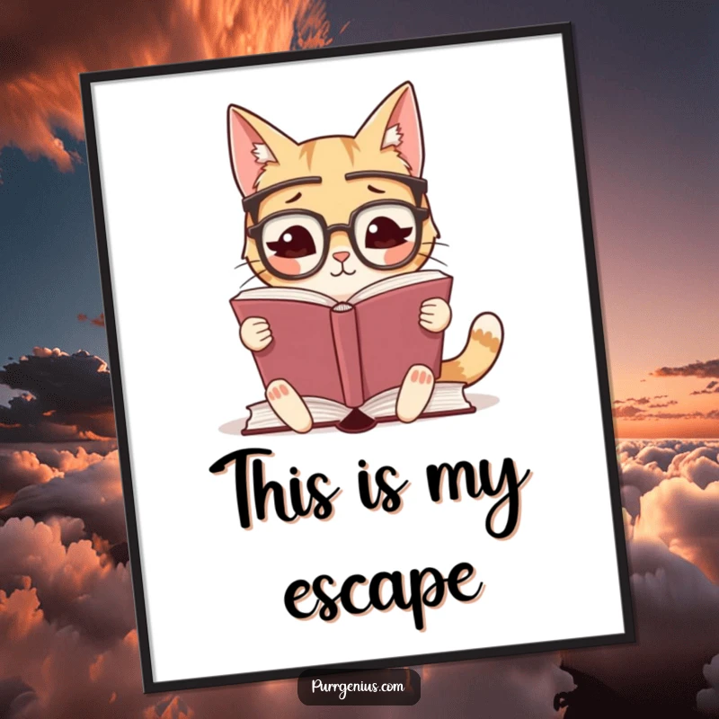 Funny digital art print of a cute cat wearing glasses, intently reading a large book, perfect for printable wall decor.