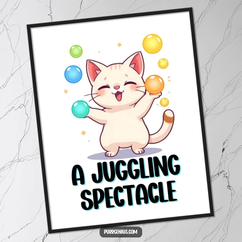 Funny digital art print of a playful cat character juggling glowing orbs, ideal for wall decor with a magical theme.