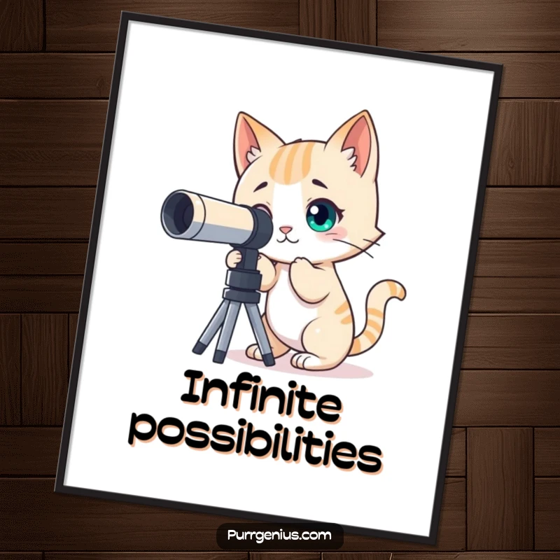 Funny digital art print of a curious cat character looking through a telescope at the stars, ideal for wall decor.