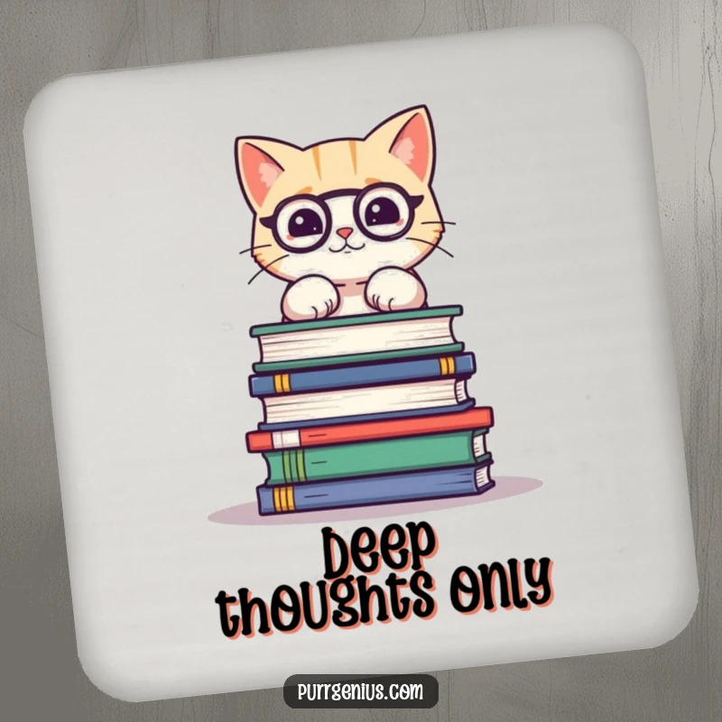 Funny drink coaster with a cute cat balancing a stack of science books, a humorous way to protect surfaces.