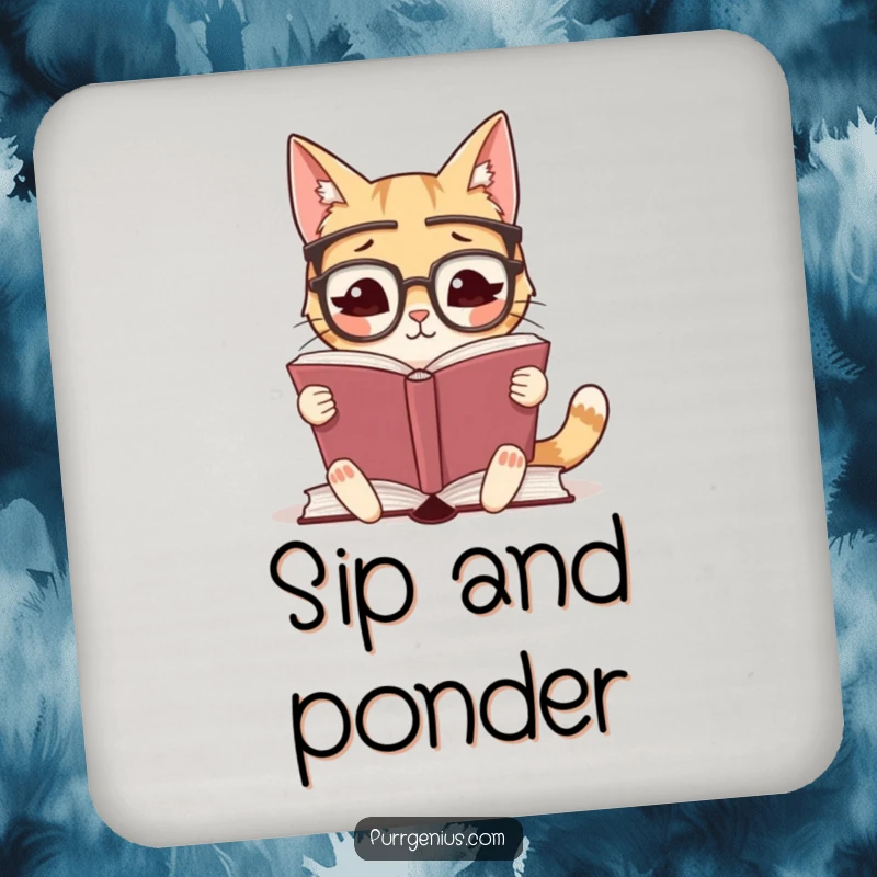 Funny drink coaster showcasing a cute cat with glasses, engrossed in reading a book, protecting surfaces with literary flair.