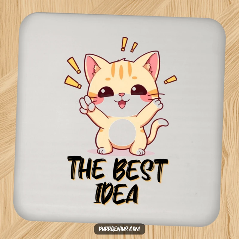 Funny drink coaster with a cute cat striking an 'aha!' pose, symbolizing inspiration and protecting surfaces.