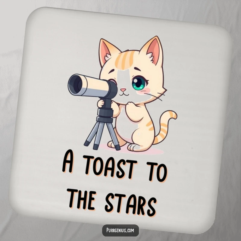 Funny drink coaster with a curious cat character looking through a telescope at the night sky, perfect for surface protection.