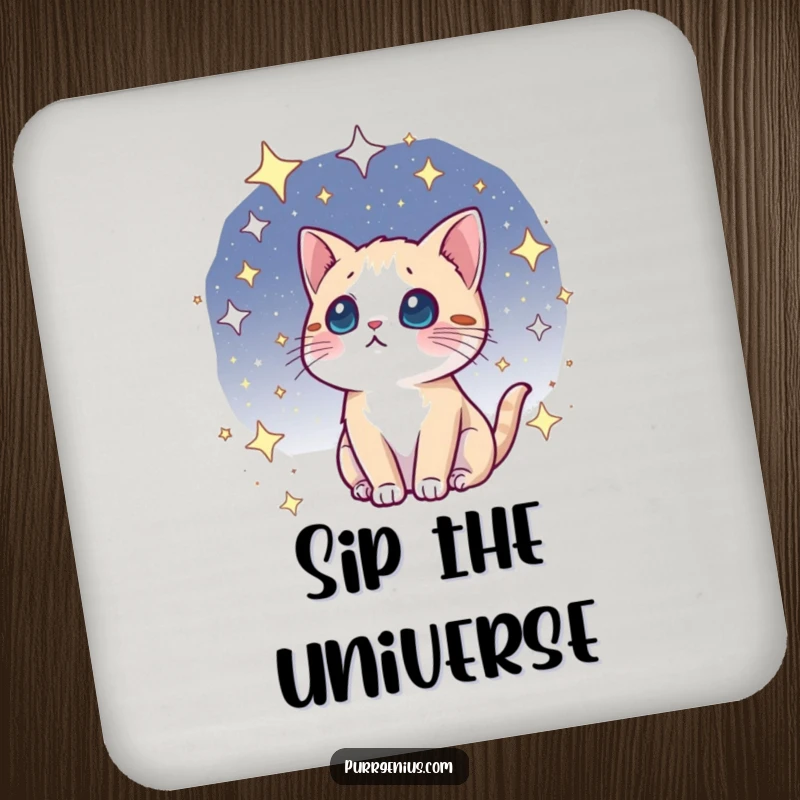 Funny kawaii cosmic cat drink coaster, gazing with wonder at a starry cosmos, protecting surfaces with cosmic elegance.