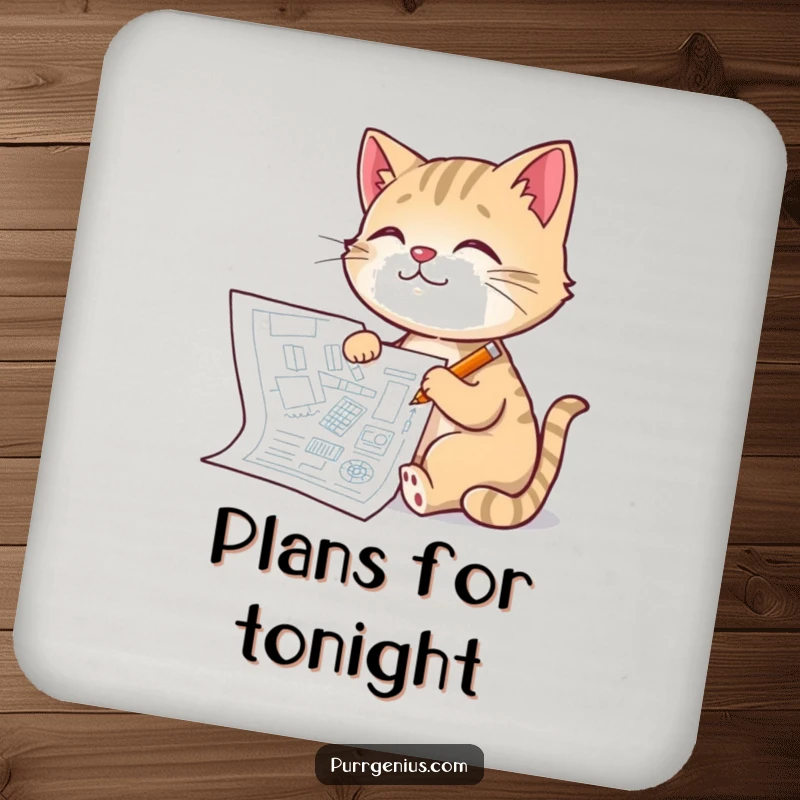 Funny Architect Cat Coaster Set: cats drawing detailed blueprints, protecting surfaces with artistic and humorous flair, a charming funny gift.