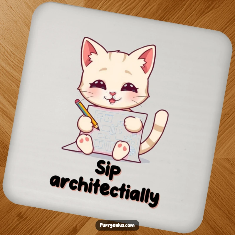 Funny Blueprint Cat Drink Coasters, showcasing a cat pleased with its blueprint, protecting surfaces with humor.