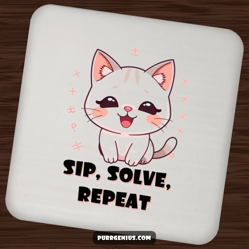Funny kawaii math cat drink coaster, delighted expression, floating math equations, protecting surfaces with intellectual humor.