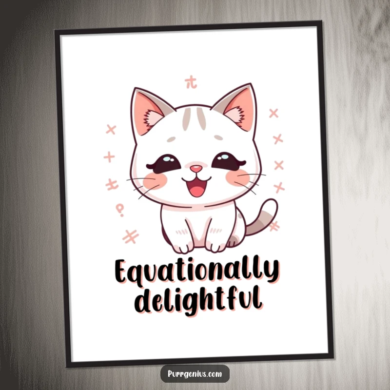 Funny kawaii math cat poster, delighted expression, floating equations, a humorous and intellectual art piece for walls.