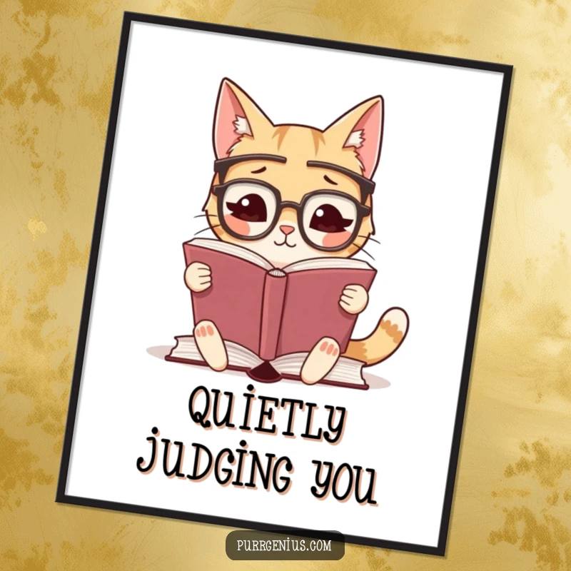 Funny poster print of a cute cat wearing glasses, engrossed in reading a large book, adding intellectual charm to any room.