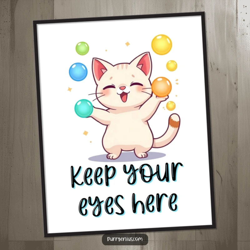 Funny poster art of a playful cat character juggling several glowing orbs, creating a magical and fun display.
