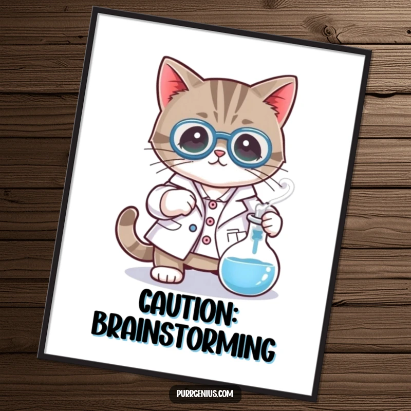 Funny poster art of a cat character in a lab coat, stirring a bubbling beaker, embodying a comical scientist.