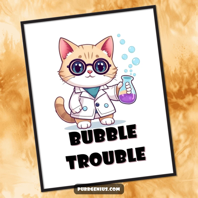 Funny scientist cat in a lab coat, experimenting with a bubbling beaker. This poster adds a touch of humor and intelligence to any space.