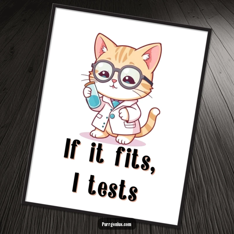 Funny cat scientist poster featuring an adorable cat in a lab coat inspecting a test tube, bringing humor to your decor.