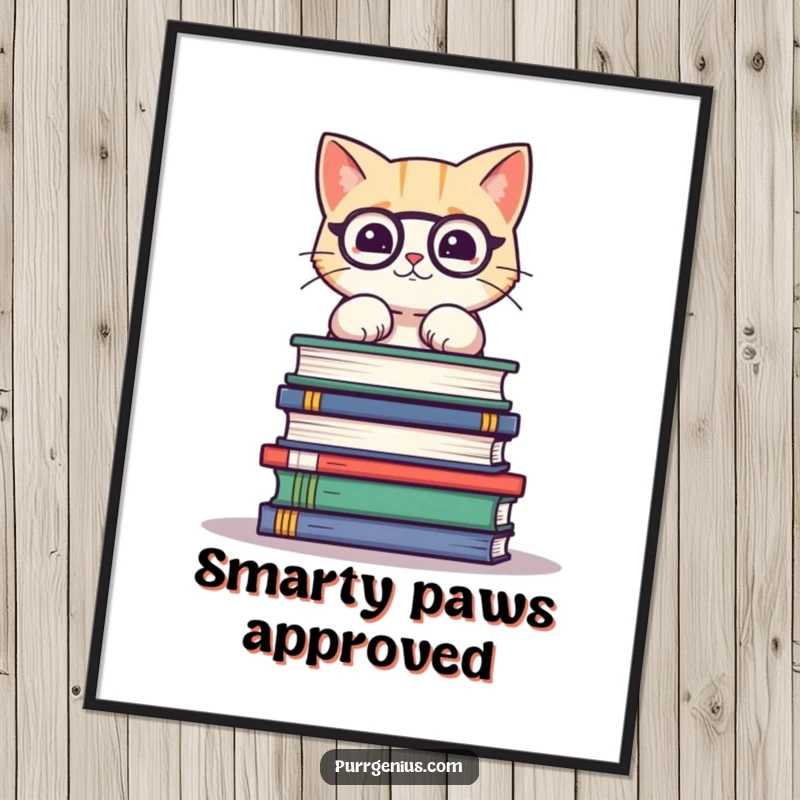 Funny poster print of a cute cat precariously balancing a tall stack of science books, conveying academic effort with humorous style.