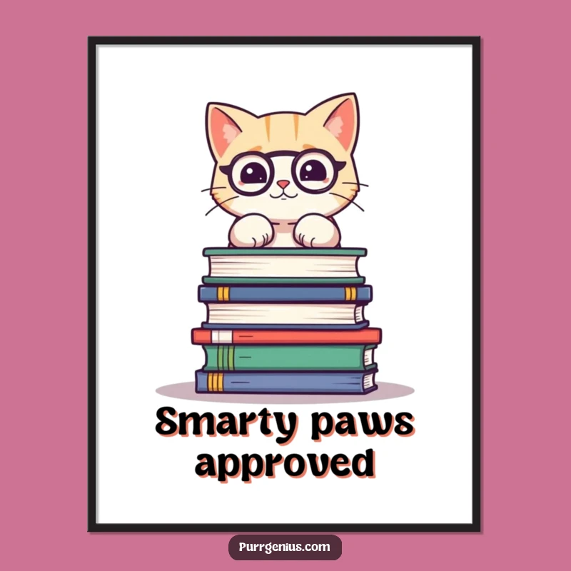 Funny Cat Balancing Books Poster: Cute Kitty Art Print, Hilarious Wall Decor Gift